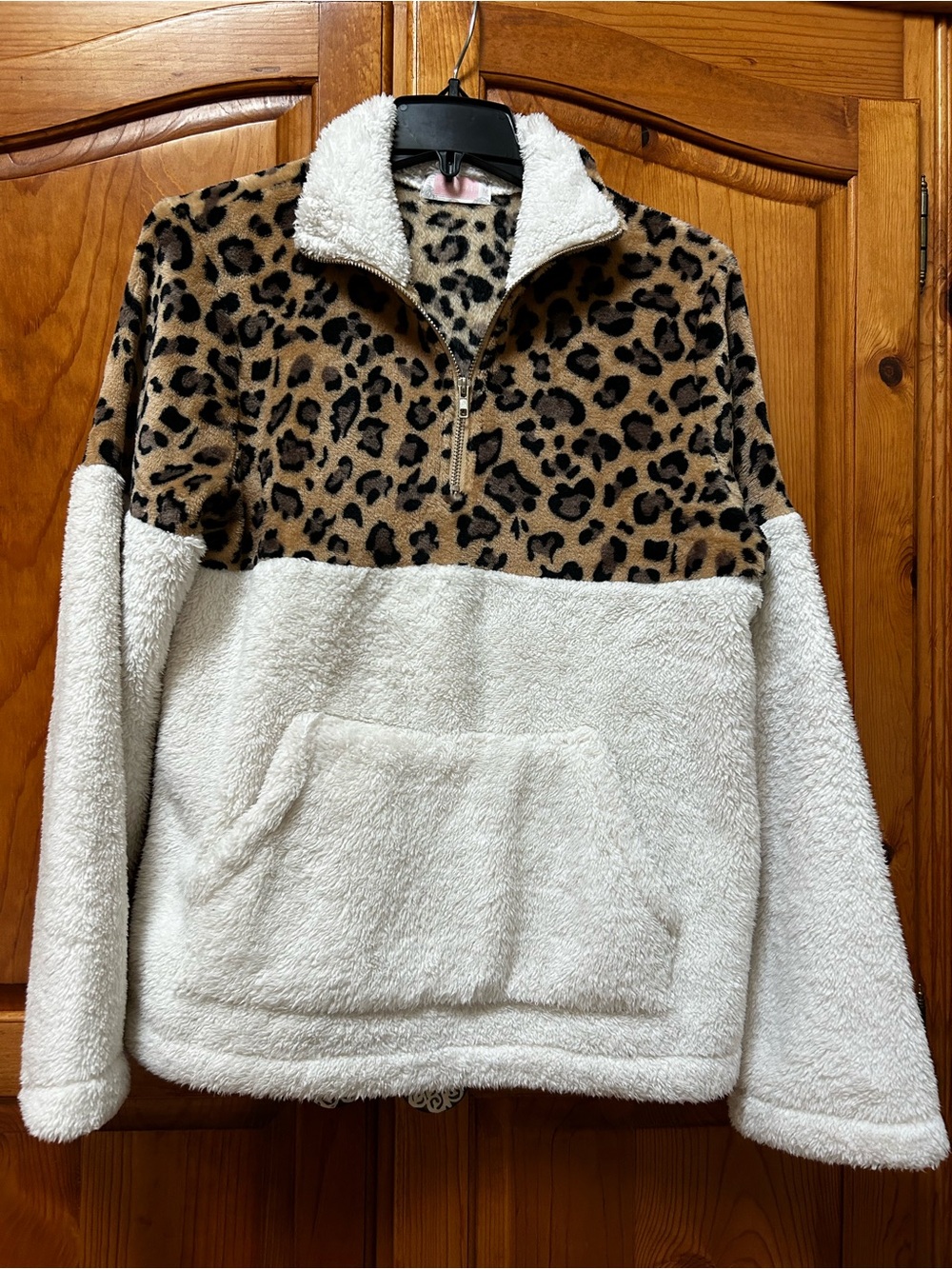 Leopard Colorblock Sherpa Half-Zip Pullover - Cream & Brown